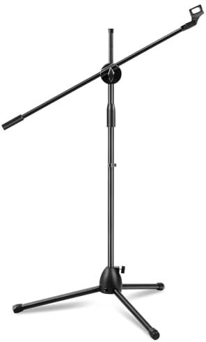 CROWNSHOP Microphone Stand 82-139cm with Telescopic Boom Adjustable and Portable Collapsible Studio Holder with Tripod Base Mic Clip Adapter for Musicians Parties and Stages