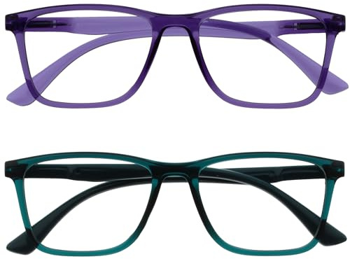 OPULIZE NYX Reading Glasses with Blue Light Blocking for Women Men, Rectangular Frame with UV & Eyestrain Protection, Anti-Glare Computer Gaming Glasses, Purple, Turquoise +2.0 (Pack of 2)
