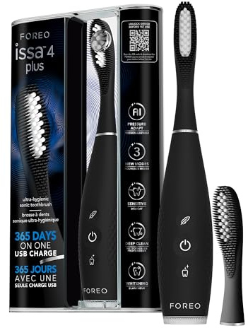 FOREO ISSA 4 Plus cepillo de dientes eléctrico sónico – Pack recargable USB 4 en 1 con IA, cabezal híbrido extra de silicona médica y polímero, suave, blanqueador dental, limpieza profunda - Black