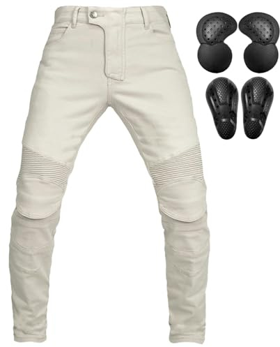 QIYUANT Motorcykelbyxor för män skyddande säkerhet stretch slitstarka jeans motocross herr dam vardaglig denim motorcykelbyxor racing ridning med uppgraderade avtagbara rustningar, Vitt, XXL