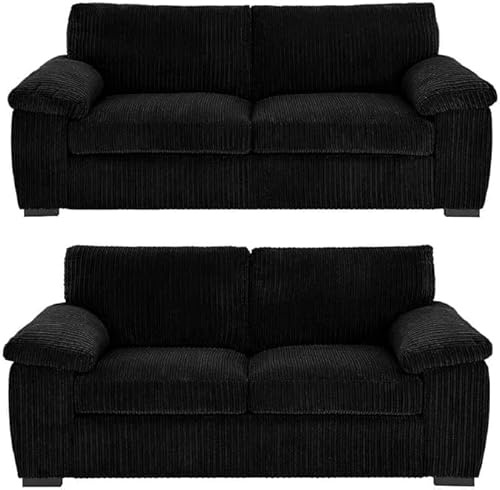 Jumbo Cord Fabric Sofa Set – 3 and 2 Seater Fullback Sofas – Grey/Black/Cream – Ultra-Comfortable & Stylish Living Room Furniture (3+2 Seater, Black)