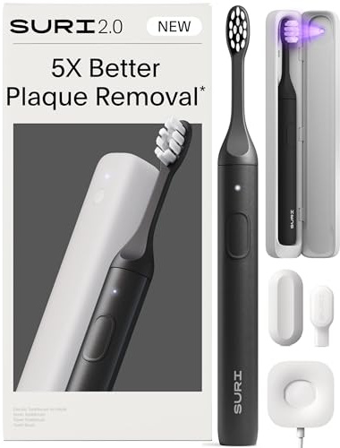 SURI 2.0 NEW Sonic Electric Toothbrush | Pressure Sensor & UV-Cleaning Travel Case | 1 Month+ Battery | Designed in London | Electric Toothbrush for Adults | Travel Toothbrushes | Tooth Brush | Black