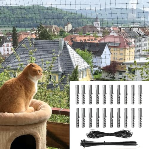 Caiyloxn Cat Net for Balcony, 4 x 3 m, Balcony, Cat Protection, No Drilling, Black, Cat Grid, Window, Balcony Net for Cats to Secure Balcony, Patio