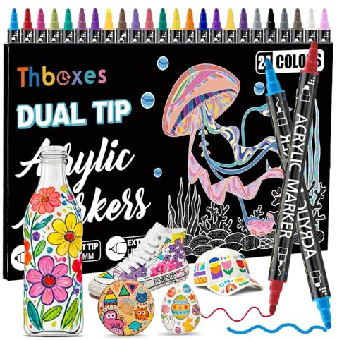 Thboxes Rotuladores Acrilicos 24 Colores, Rotuladores Doble Punta (Fina y Redonda) Resistentes al Agua Marcadores Acrílicos para Lettering Pintura de Papel Piedras Madera Vidrio Cerámica Huevo Lienzo