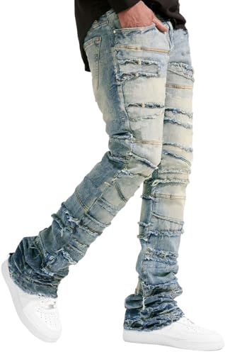 Vaqueros Piernas Anchas para Hombre Pantalones Rectos Cintura Elástica Vaqueros Jazz Baile Casual Suelto Otoño e Invierno Pantalones Tendencia Patchwork Y2k Adecuado para Hip-Hop Urbano, azul claro, M