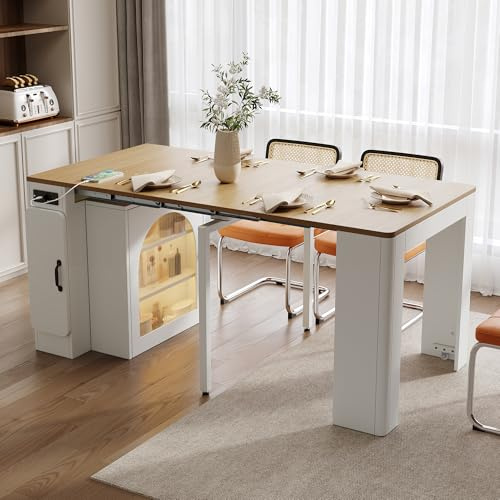 KUAKE Isola da cucina con ruote, per 4-5 persone, tavolo da pranzo estensibile con piano rimovibile, carrello da servizio mobile con prese elettriche, funge da credenza, madia o tavolo da bar