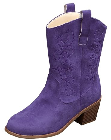 Generisch Botas de mujer con tacón en bloque Chelsea Boots Westernstiefel Winter Boots Mittelwade Reitstiefel Retro Western Cowboy Lederstiefel Spitze, morado, 36 EU