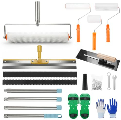 Jellybibo Strumenti autolivellanti a rullo a spillo, kit di strumenti autolivellanti in cemento con asta di estensione, rullo per livellamento del pavimento in resina epossidica, raschietto, cazzuola