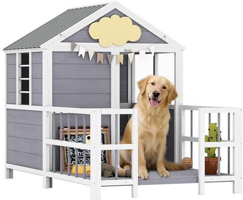PawHut Dog House Outdoor Indoor, 61 x 41 x 47 Wooden Dog Shelter with Porch, Weatherproof Roof, Elevated Floor, Air Vents & Observation Windows, Large Pet Shelter for Small Medium Large Breeds