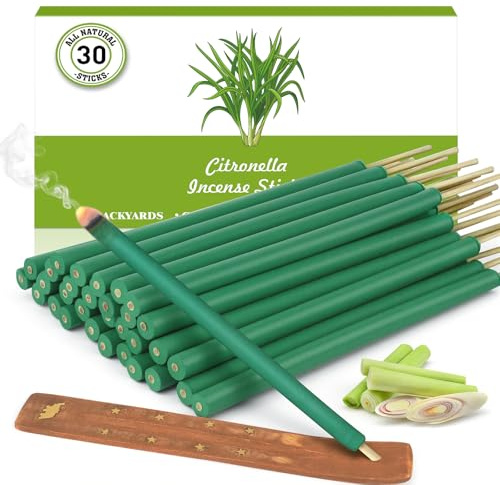 Varillas de Incienso de Citronela 30 Piezas con Soporte,Larga Duración hasta 3000 Minutos,Incienso de Citronela con Aceite Esencial para Jardín Terraza Balcón Camping Barbacoas