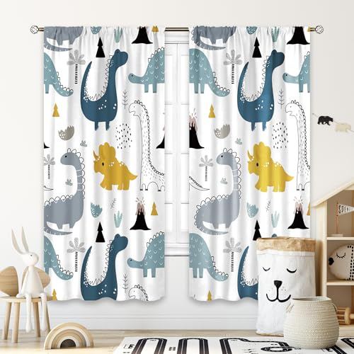 Cinbloo Kids Dinosaur Curtains 42Wx63L Inch Rod Pocket Cartoon Dino Baby Boys Bedroom Decor Nursery Children Cute Navy Blue Safari Animal Art Printed Living Room Playroom Window Drapes Fabric 2 Panel