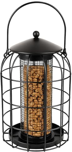 Mangiatoia per Uccelli – Distributore di Arachidi – Ylva Nero – 27 cm – Metallo con Rivestimento a Polvere e Rete fine – Coperchio svitabile – Protezione Esterna – Flamingo