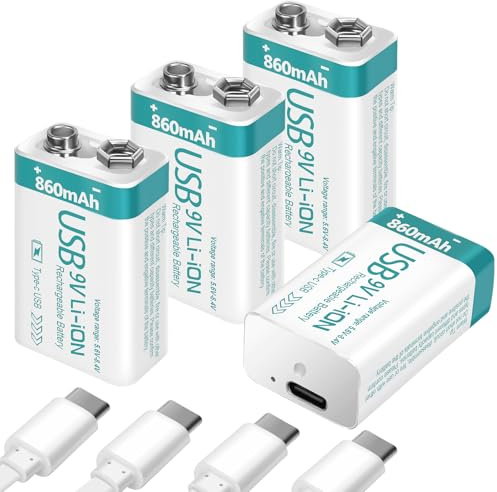 winbasic Rechargeable 9V Lithium USB Battery 860mAh with 4 in 1 Charge Cable, 9 Volt Batteries 6f22 for Smoke Detector Alarms (4 Pack)