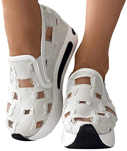 KBOPLEMQ Zapatillas de mujer de lentejuelas cuña zapatos transpirables de encaje recortado zapatos de tela para mujer zapatillas de correr verano al aire libre slip on caminar zapatos brillantes