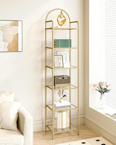Hzuaneri Libreria a 6 Livelli, Scaffale Portaoggetti, Libreria in vetro temperato, Scale Mensola, per Soggiorno Bagno Cucina Corridoio, Montaggio Facile, Struttura in acciaio, Dorato BC10601G