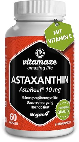 Vitamaze® Astaxantina 10mg (AstaReal) + Vitamina E ad Alto Dosaggio e Vegan, 60 Capsule di Pura Astaxantina Naturale in Polvere dalle Alghe, Antiossidanti Integratori Alimentare senza Additivi.