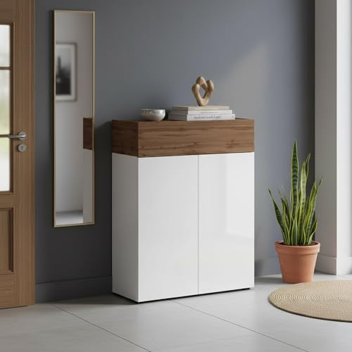 Dmora - Scarpiera Oliviero, Porta scarpe salvaspazio a 3 ante, Armadio multifunzione da ingresso, 76x38h100 cm, Bianco e Rovere
