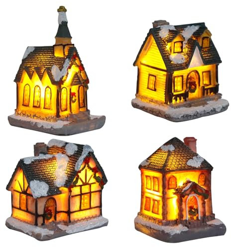 Weihnachtsdorf mit Beleuchtung Weihnachtsstadt,Weihnachtsdeko Häuser,LED Weihnachtshäuser Weihnachtsdeko Amerikanisch,Weihnachtshaus Beleuchtet,Weihnachtsdorf Häuser,Christmas Village Town(4pcs Set)