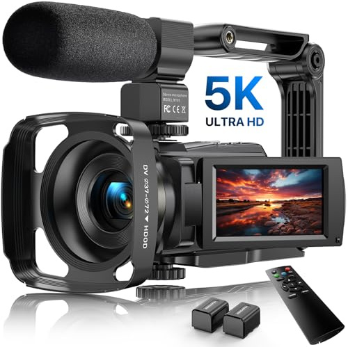 Videocámara 5K, cámara de Video de 48 MP, WiFi, visión Nocturna, cámara de vlogging, Zoom Digital de 16X, Pantalla táctil, antivibración de 6 Ejes con micrófono Externo, Parasol de Lente