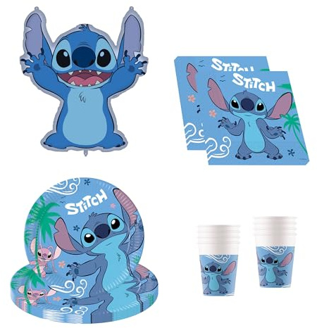 Procos - Stoviglie per feste Disney Stitch, decorazione per compleanno da 37 pezzi, include 8 piatti di carta, 8 bicchieri di carta, 20 tovaglioli e un palloncino di carta stagnola