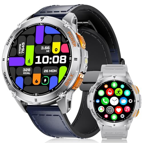 LIGE GPS Intégré Montre Connectée Homme, 1,43 Pouces AMOLED Smartwatch avec Lampe Torche LED pour Android & iOS, Étanchéité 5ATM, 300+ Cadran, Boussole/Altimètre, 170+ Sports, Bleu Foncé