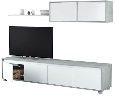 Bricozone Parete Attrezzata Ginevra Moderna Per Soggiorno In Legno Melaminico Bianco Cemento Con Mobile Base Pensile E Mensola Design Funzionale E Compatto