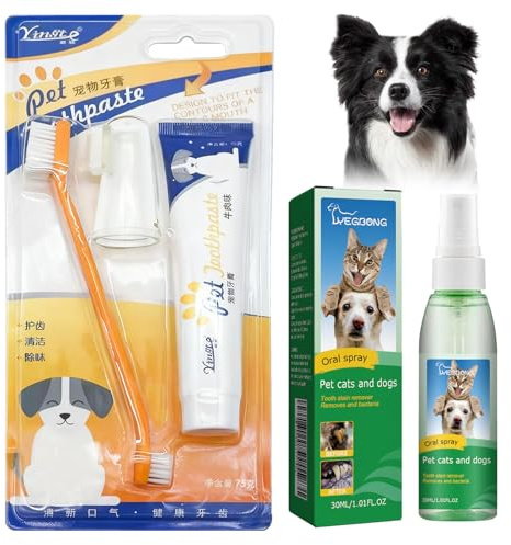 Znnhnn Pasta de Dientes para Perros + Spray Dental para Perros + Cepillo de Dientes para Perros,Limpiar Dientes Perro,para Mal Aliento de Perros,Disane Higiene Bucodental para Perro,Gato