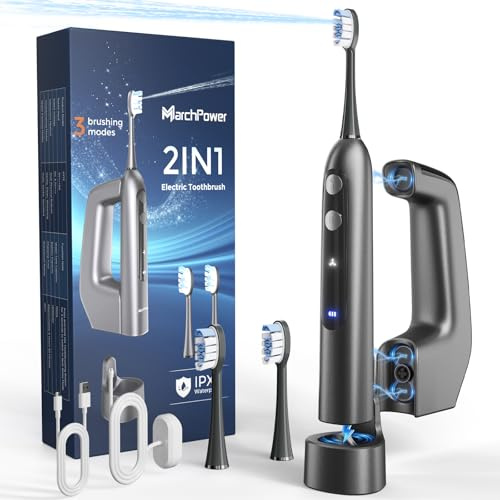 Marchpower 3-in-1 Spazzolino Elettrico e Idropulsore con Oscillazione a 46°, 3+4 Modalità, IPX7 Spazzolino Elettrico Professionale con Serbatoio Magnetico da 155 ml, 2 Testine di Ricambio, Grigio