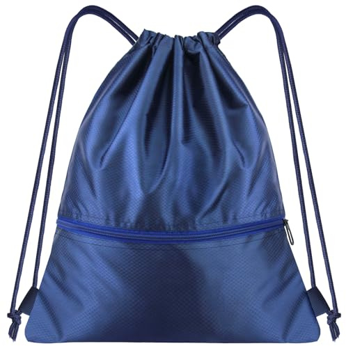 Lunhoo Drawingstring PE Bag, Cinch Backpack with 2 Zip Pockets, Waterproof Lightweight Gym Sack Pack for Swimming, Sport, School, Travel, Beach, Men and Women (Blue)