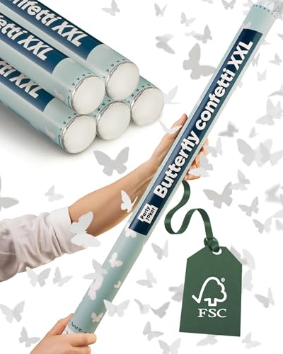 Partyjoker 5 Biodegradable Confetti Cannons 80 cm Butterfly – Party Poppers | Extra fill volume, easy & safe one-hand twist, 5-8 m throw distance, FSC certified paper, in white, 5 tubes, gala & party