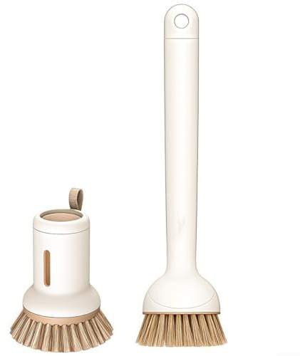 Köksrengöringsborstar 2 st med tvåldispenser, långt handtag 360 graders rotation för effektiv diskning och köksrengöring (beige)