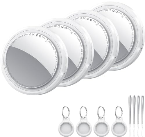 Smart Tracker Tag 4 Pack Blanco, Buscador de Objetos Bluetooth Funciona con Buscar Apple (sólo iOS), Localizador Bluetooth, Rastreador para Llaves, Cartera, Equipaje, Mochila, Batería Reemplazable