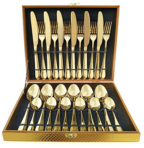 Magicpro Ménagère 24 couverts dorés et modernes pour 6 personnes en acier inoxydable, pour mariage ou tout autre événement