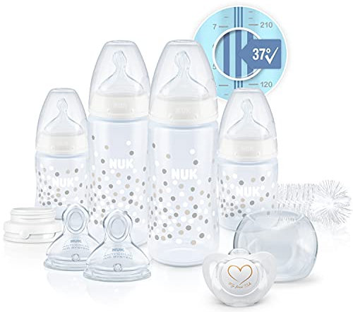 NUK Perfect Start First Choice+ Baby Bottles Set, 0-18 Months, 4 Temperature Control Bottles, Dummy, Bottle Brush & More, BPA-Free, 10 Count, White