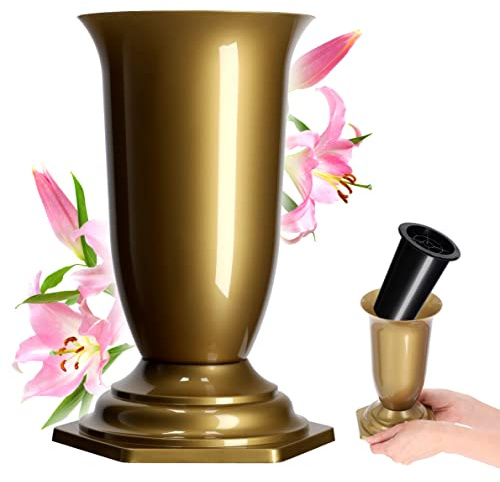 KADAX Vase Funéraire en Plastique pour Fleurs, Résistant aux Intempéries et au Gel, pour Cimetière et Tombe (13 cm, Doré)