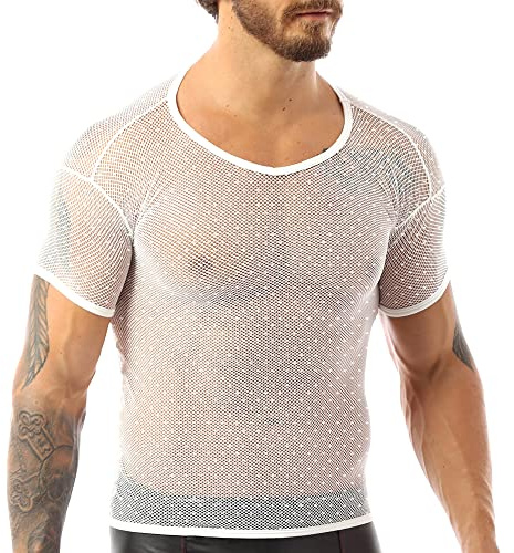 Muscle Alive Uomo Guardare Attraverso Manica Corta Maglia Magliette Montato a Rete Camicie per Top Muscolosi T-Shirt Bianco L