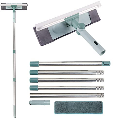 Zindoo 195cm Teleskop Fensterwischer, Langer Glas Fensterreiniger mit Verlängerungsstange und Gummilippe (30cm) für hohe Fenster im Innen- und Außenbereich