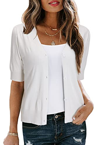 Arach&Cloz Cardigans for Women UK Short Sleeve Bolero Summer Cropped Cardigan Shrugs Buttons Dress Coverup Knit Top (Off White, M)