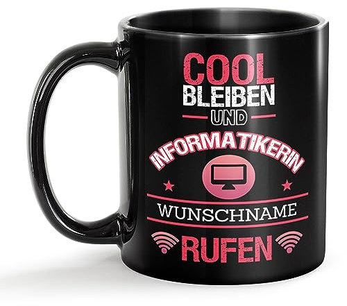 Tassendruck Schwarze Tasse für Informatikerin mit Name - Cool bleiben und Name rufen - Geschenk für Kollegin zum Geburtstag | Personalisierte Geschenke, Keramik Schwarz, 300 ml