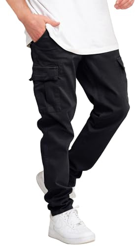 THWEI Cargo Pants for Men Casual Drawstring Joggers Cotton Work Sweatpants Multi Pockets Black XL