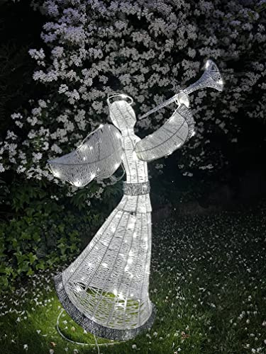 LEDZEIT - Relax Serie - Angelo LED grande, figura decorativa a LED, decorazione per giardino, stanze, Natale, bianco e argento, 130 cm. trasformatore con timer, bianco freddo, IP44, esterno e interno