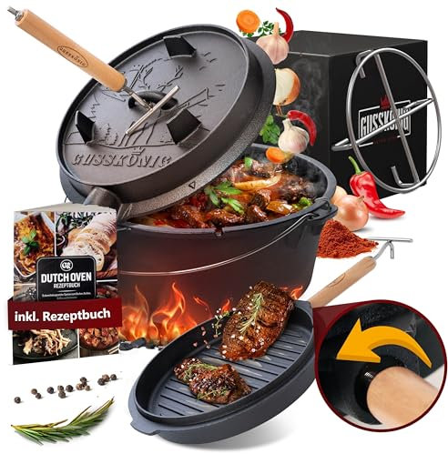 GUSSKÖNIG DutchOven Set - Eingebrannter Dutch Oven 4 Liter - Feuertopf aus Gusseisen ohne Füßen - Schmortopf Doppelfunktion - inkl. 2in1 Deckelheber, Dutch Oven Rezeptbuch[für 1-3 Personen]