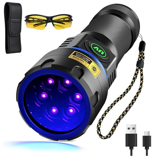 DARKBEAM Torcia UV 365nm 6x LED Torce Luce nera ultravioletta, Lampada di Wood Portatile USB ricaricabile 60W, Rilevare di urina animale domestico, per Minerale, Ambra, vetro uranio, resina