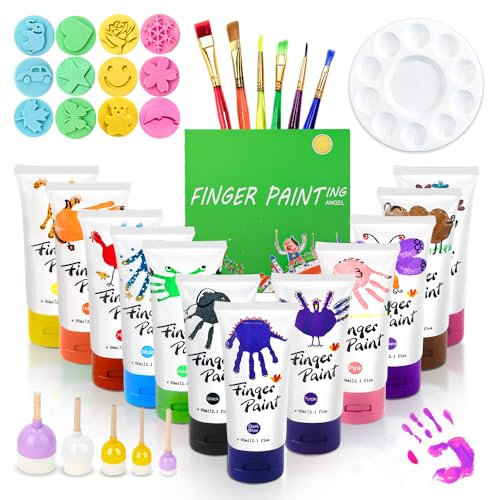 Kids paint set Non-Toxic Finger Paint for Toddlers, 37 Pack Kids Paint Set with 12Colours(60ml) Finger Paints,Equipped With Sketchbooks,Brushes,Palettes,Stamps,NonToxic for Toddlers Early Education