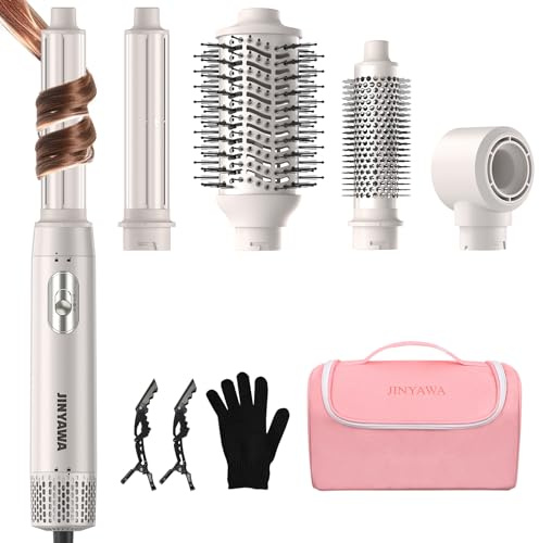 JINYAWA Secador de Pelo 5 en 1 con Bolsa - Cepillo Secador Profesional, 3 Temperaturas, Moldeador de Pelo + Rizador Automático - Ideal para Viajes y Casa