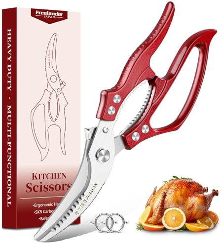Freelander Forbici da Cucina per Pollame, Forbici Cucina Professionali e Multiuso, Manico Ergonomico Antiscivolo, Rosso