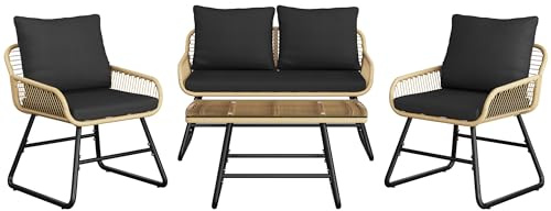 Yaheetech Polyrattan trädgårdsmöbelset 4 delar, balkongmöbler, loungeset inkl. 2-sitsigt 2-sitsigt bord, väderbeständigt utemöbler, sittgrupp med kudde för balkong, trädgård, ljusbrun och svart
