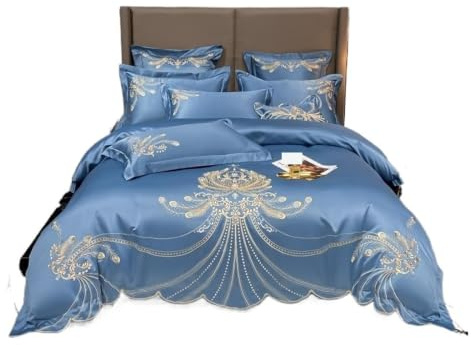 Satin-bäddset 4/6-delat vit-grå-satin guldbroderi-satin bomullsset för dubbelsäng, drottning, kung, trösteröverdrag, lakan örngott (färg 3, FITTED_220 x 240 cm 4 st)