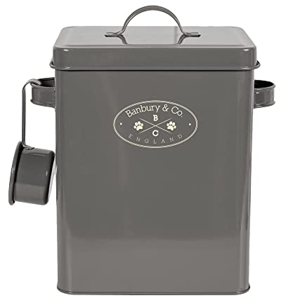 Pet Brands Dog Treat Tin Easy Clean Metal Kitchen Storage Container for Dog/Cat Treats & Food with Scoop, Grey - L18 x W16 x H23cm