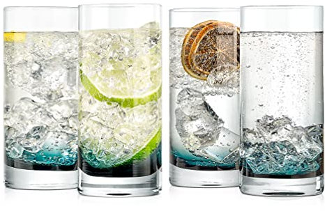 Nutrichef Vasos Highball de 12.5 onzas – Juego de 4 vasos altos de base pesada transparentes para agua, vino, cerveza, licor, ginebra, cóctel, whisky, jugo, café helado, bebidas mixtas, aptos para